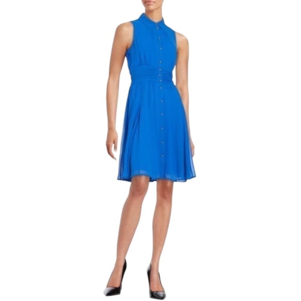 Karl Lagerfeld Cobalt Shirred Chiffon Dress‎ Gold Buttons Size M Sleeveless Midi